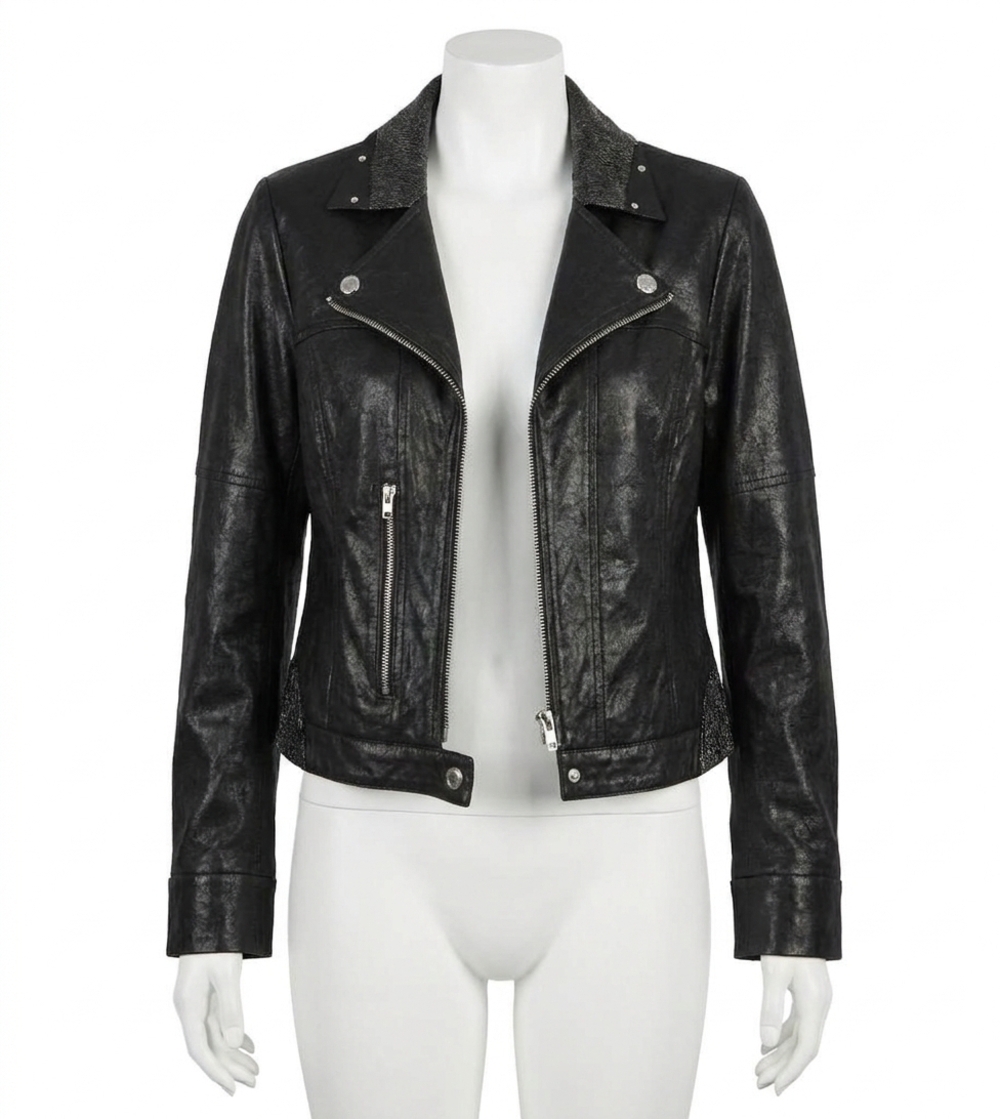NEW JOSEPH RIBKOFF foiled faux suede moto jacket in black